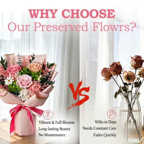 Pink Preserved Rose Bouquet Gift Box - Real Eternal Flowers for Women, Birthday, Anniversary, Valentine’s Day & Mother’s Day