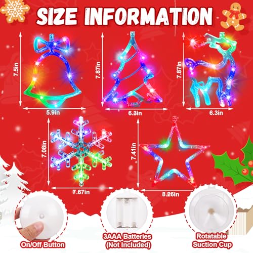 Christmas Window Lights Decorations Multi-Color Battery Operated Bell Snowflake Reindeer Star Set with Suction Cups