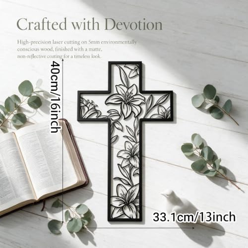 Floral Cross Wall Art Decor with Lily Design, Metal Religious Artwork