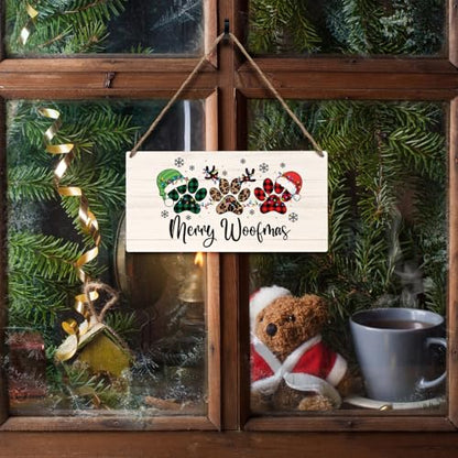 Merry Woofmas Dog Paws Christmas Door Sign Outdoor Wall Decor - Dog Lover Gift