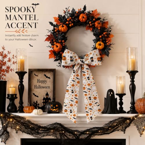 Halloween Wreath Sash Set - 2pcs 56 Inch Pumpkin Ghost Black Cat Satin Decorations