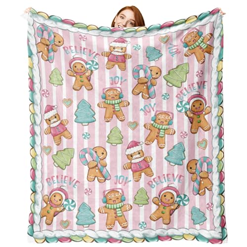 Christmas Gingerbread Man Flannel Blanket - Pink Xmas Tree Stripes, 50 x 60