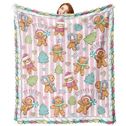 Christmas Gingerbread Man Flannel Blanket - Pink Xmas Tree Stripes, 50 x 60