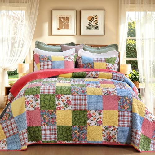 Queen Size Floral Patchwork Cotton Quilt Set with Pillow Shams - Red Yellow