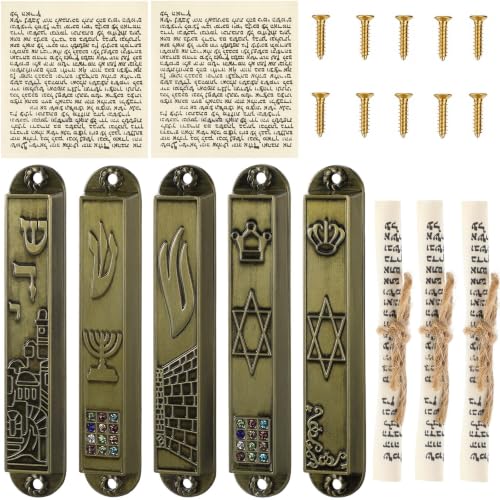 5-Pack Antique Brass Metal Mezuzah Cases with Scrolls - Jewish Door Decor