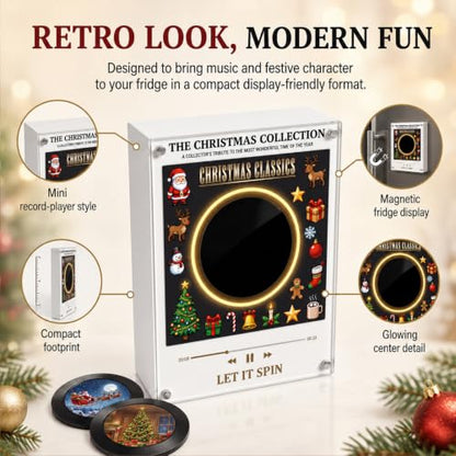 Magnetic Refrigerator Music Player with 9 Vinyl Discs, Custom MP3 Upload, LED Light, Christmas Decor