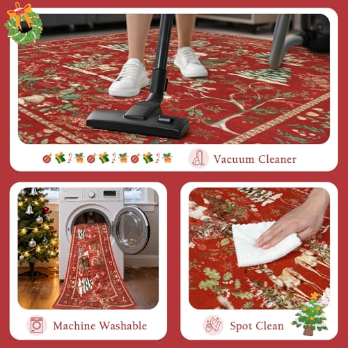 2'7" x 8" Christmas Runner Rug - Red Holiday Reindeer & Santa Design, Washable, Non-Slip, Low Pile