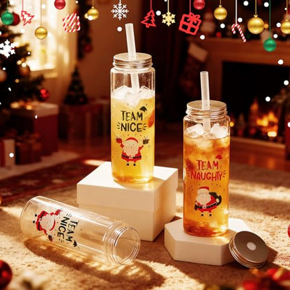 Christmas Mason Jar Tumblers with Lids & Straws - Team Style, 16.9 oz, Reusable Plastic Holiday Cups, Set of 24