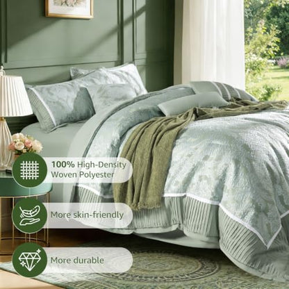 King Size Comforter Set 7 Piece Jacquard Damask Bedding in Sage Green