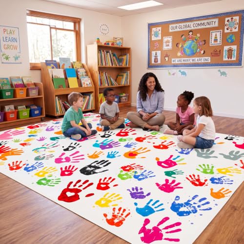 Colorful Handprints Classroom Rug 6x9 ft Washable Playroom Mat - Large Area Rug for School