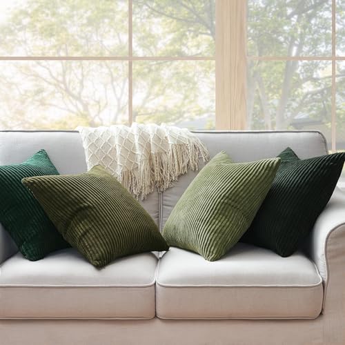 Dark Green Christmas Decorative Throw Pillow Covers Set of 4 20x20 Inches - Winter Fluffy Corduroy Euro Shams for Couch Bed Bedroom