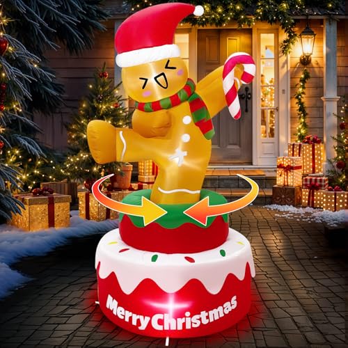 OurWarm 5FT Gingerbread Christmas Inflatable Outdoor Decoration - Rotating Santa Hat & Candy Cane