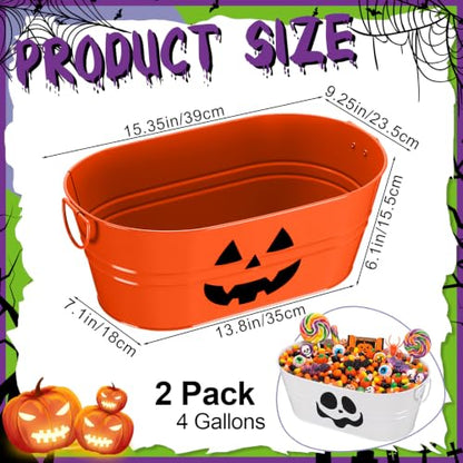 Halloween Galvanized Buckets Set - 4 Gallon Candy & Drink Buckets with Pumpkin Ghost Pattern - Orange & White, Variation: Pumpkin Ghost / Orange, White / 2