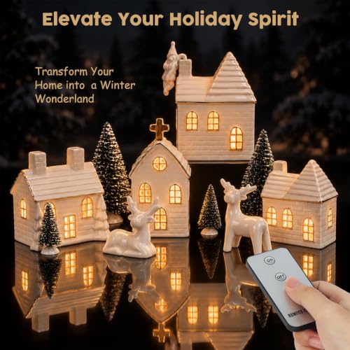 Christmas Village Set with 4 Ceramic Houses and 4 Trees - 16 Pieces
