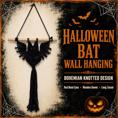 Halloween Boho Macrame Bat Wall Hanging - Black Bat Variation