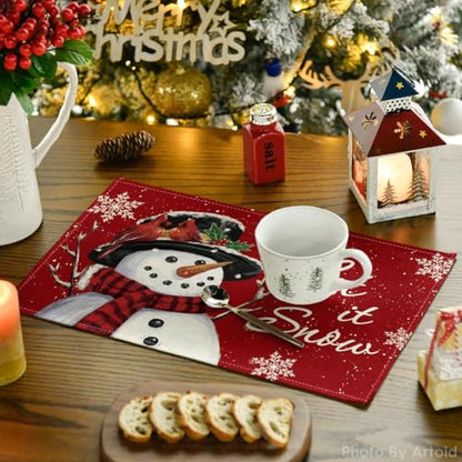 Red Snowman Placemats Set of 8 - 12x18 Inch Holiday Table Decor - Rectangular