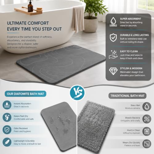 Natural Diatomaceous Earth Stone Bath Mat Non Slip Quick Dry Absorbent Gray 23.6x15.4 Inches