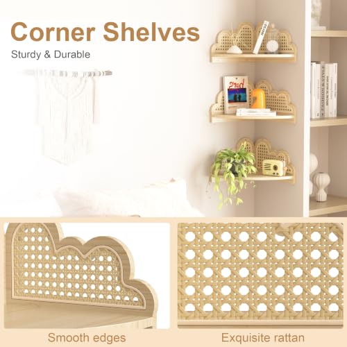 Rattan Corner Floating Shelves Set of 3 - Natural Boho Wall Storage