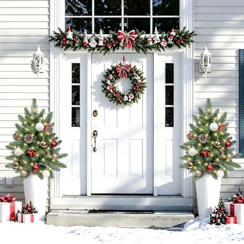 Conical 24-Inch Outdoor Christmas Topiary Trees Set with Lights - 4 Pack