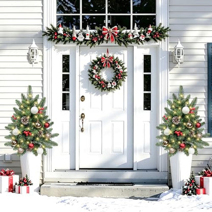 Conical 24-Inch Outdoor Christmas Topiary Trees Set with Lights - 4 Pack