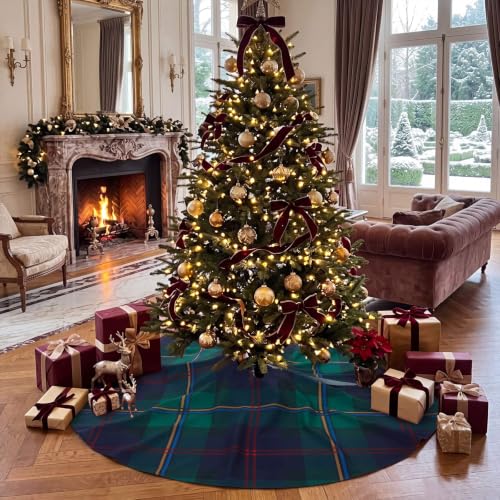 48 Inch Plaid Christmas Tree Skirt - Green Xmas Tree Mat for Holiday Decor