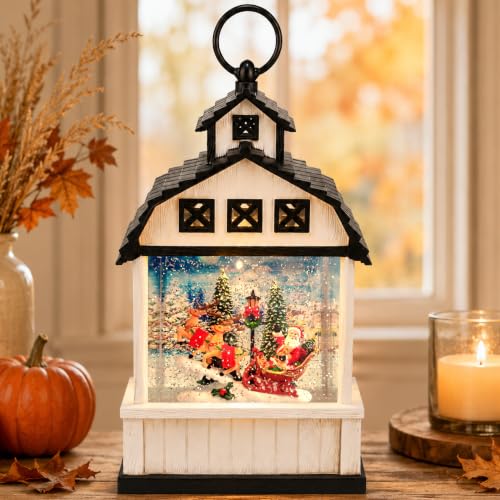 Christmas Snow Globe Lantern Santa Barn Scene - 11 Inch Holiday Decor