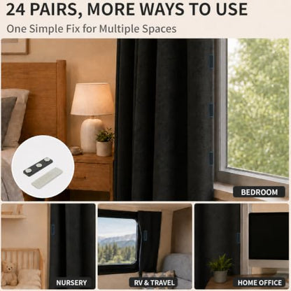 Self-Adhesive Magnetic Curtain Magnets with Strong Metal Clips - 24 Pairs - Black