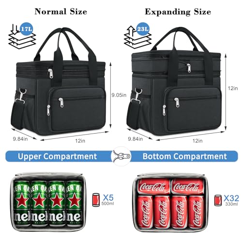 Expandable Insulated Large Cooler Lunch Box for Men 23L Heavy Duty Double Deck Leakproof Lunch Bag with 4 Ice packs&2 Snack Bags for Adult/Construction/Women/Work/Picnic/Camping - Black