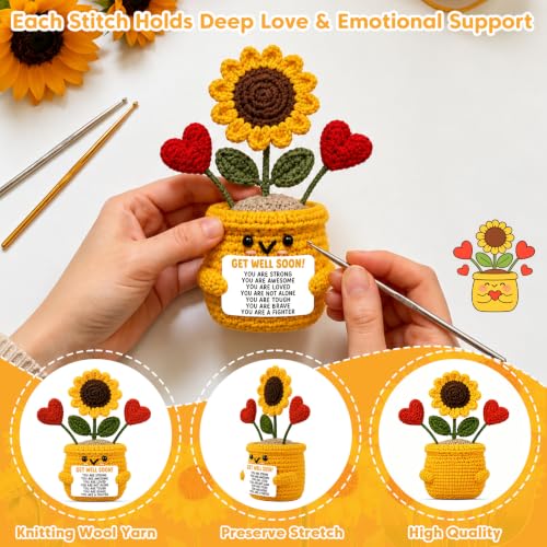 Get Well Soon Stress Relief Gift for Women & Men - Handmade Crochet Sunflower & Heart Decor