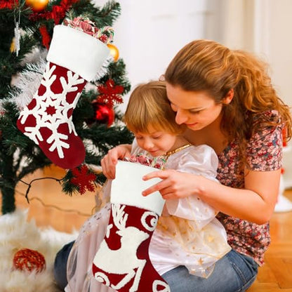 Set of 3 Red Embroidered Christmas Stockings - 18 Inch Holiday Decor