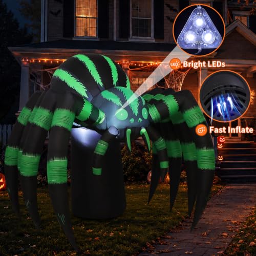 Halloween Inflatable Spider Decoration with LED Lights - Green, 7 Ft Long