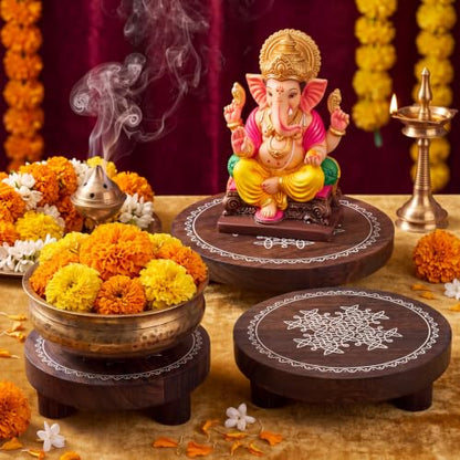 Diwali Wooden Pooja Stand Set - Round Risers with Kolam Design, 3 Pieces