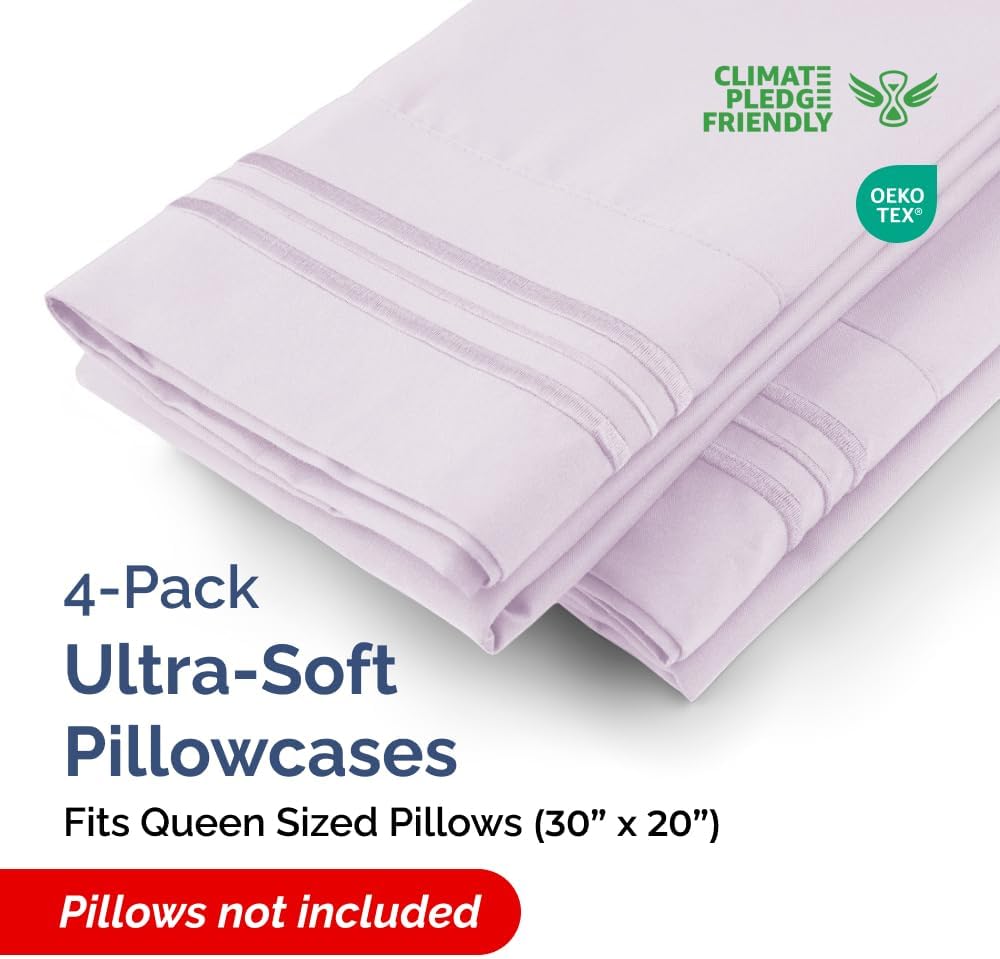 Skiennix Queen Pillow Cases Set of 4 - Ultra Soft Hotel Quality - Wrinkle Free & Fade Resistant - Light Lavender