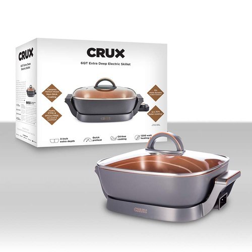 CRUX Electric Skillet with Glass Lid - Nonstick Scratch Resistant Ceramic Pan, Extra Deep with Removable Temperature Probe, 12" x 12", 1200 Watts, PFOA & PTFE Free