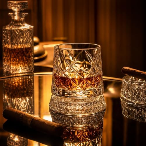 Ice Crackle Pattern Whiskey Glass Set of 4 with LED Light Bases - 9.5 oz, Includes Ice Ball Molds