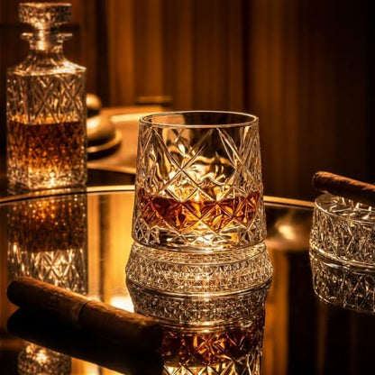 Ice Crackle Pattern Whiskey Glass Set of 4 with LED Light Bases - 9.5 oz, Includes Ice Ball Molds