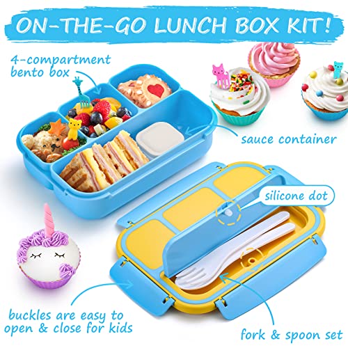 QQKO Bento Lunch Boxes with 4 Compartments, Sauce Container, Utensils, Food Picks and Muffin Cups for School or Adults, Blue