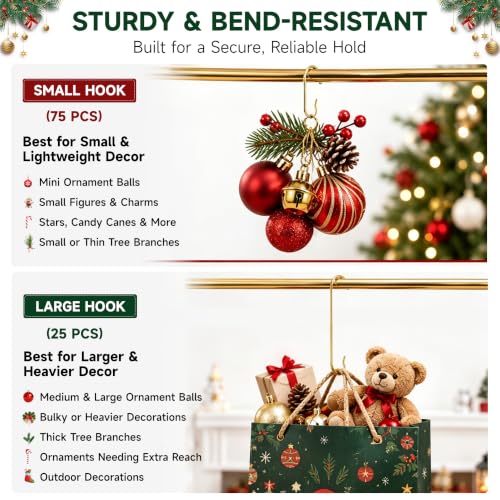 Gold Ornament Hooks Set 100pcs for Christmas Trees - Small & Large Size with Storage Box