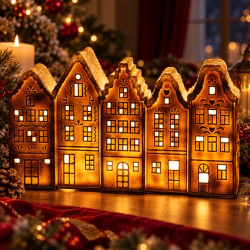 Lighted Gingerbread Christmas Village Decor - 14.5 Inch Holiday Scene with LED Lighting