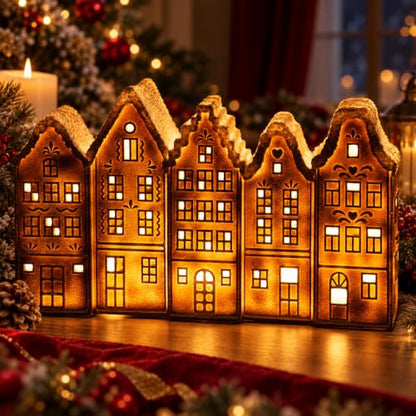Lighted Gingerbread Christmas Village Decor - 14.5 Inch Holiday Scene with LED Lighting