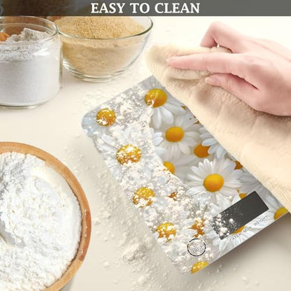 QwThum Food Scale Kitchen Digital Scale Food Ounces and Grams Dieting Baking Cooking Waterproof Glass Panels LCD Display,4 Units Scale Tare Function Daisy White