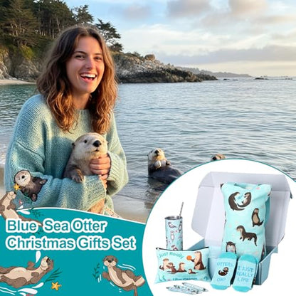 Blue Sea Otter Gift Set - 10 Pcs Tumbler, Blanket, Socks & More (Variation: Blue Sea Otter)