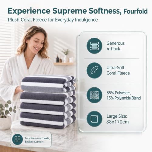 Large Microfiber Bath Towel Set - 4 Soft Quick-Dry 34.6" x 67" Gray