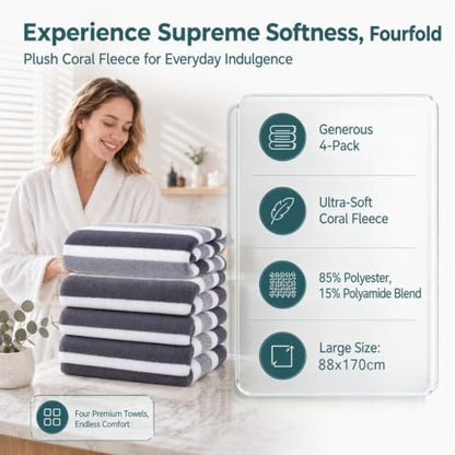 Large Microfiber Bath Towel Set - 4 Soft Quick-Dry 34.6" x 67" Gray