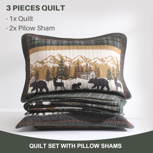 King Cotton Quilt Set with Deer and Bear Wildlife Design - Reversible, Rustic Lodge Bedding - Green/Brown/Beige, 98x106 inches