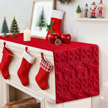 Christmas Snowflake and Elk Plush Faux Fur Jacquard Table Runner 13x90 Inch - Red