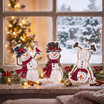 Christmas Snowman Centerpiece Set - Rustic Wooden Holiday Decor, 3 Pieces