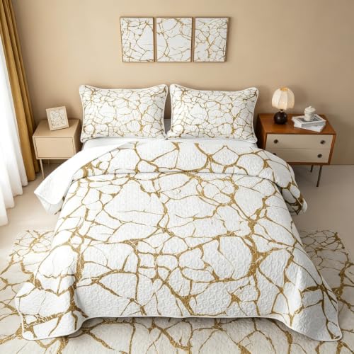 White Gold Metallic Marble Twin Quilt Set - Lightweight All-Season Bedding