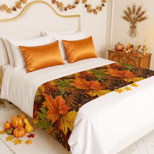102x20 Inch Fall Maple Leaves Bed Runner for California King Bed Orange Green Brown
