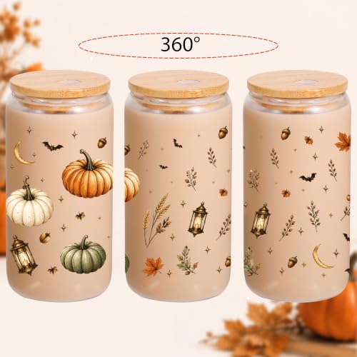 Fall Pumpkin Glass Cup with Lid & Straw - Halloween Gift for Women & Teens